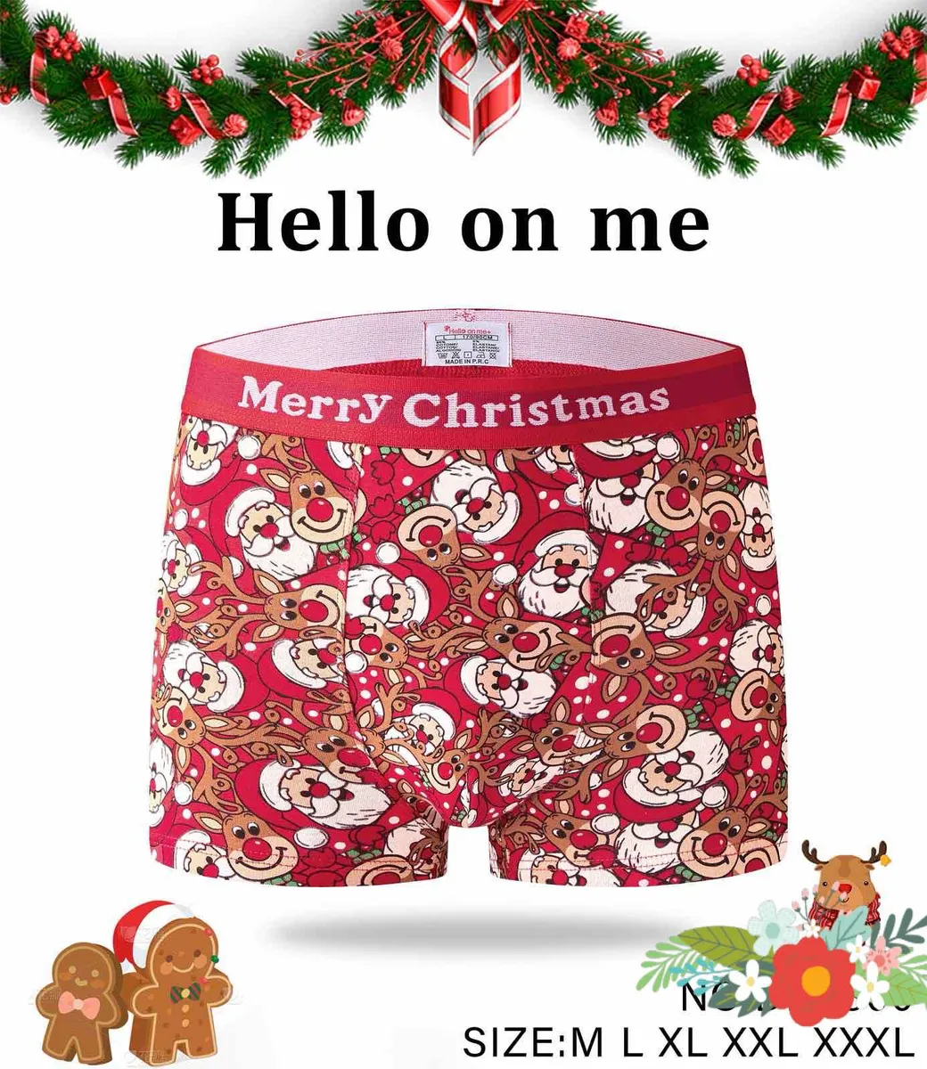 Czerwone bokserki męskie z nadrukiem Mikołaja i renifera oraz napisem Merry Christmas na gumie
