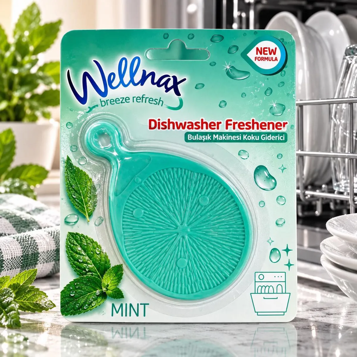 Miętowy odświeżacz do zmywarki Wellnax w plastikowym blisterze na zielonym tle z liśćmi mięty