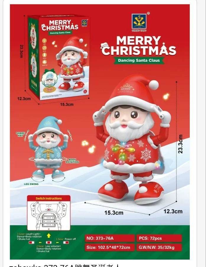 Figurka tańczącego Mikołaja w czerwonym stroju z białą brodą i czapką, opakowanie z wymiarami