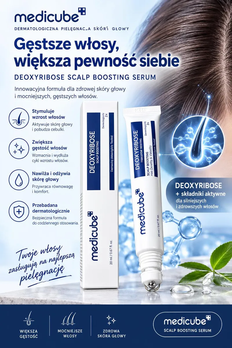 Biało-granatowa tuba serum Medicube Deoxyribose 20 ml z metalicznym aplikatorem kulkowym na tle skóry głowy i molekuł