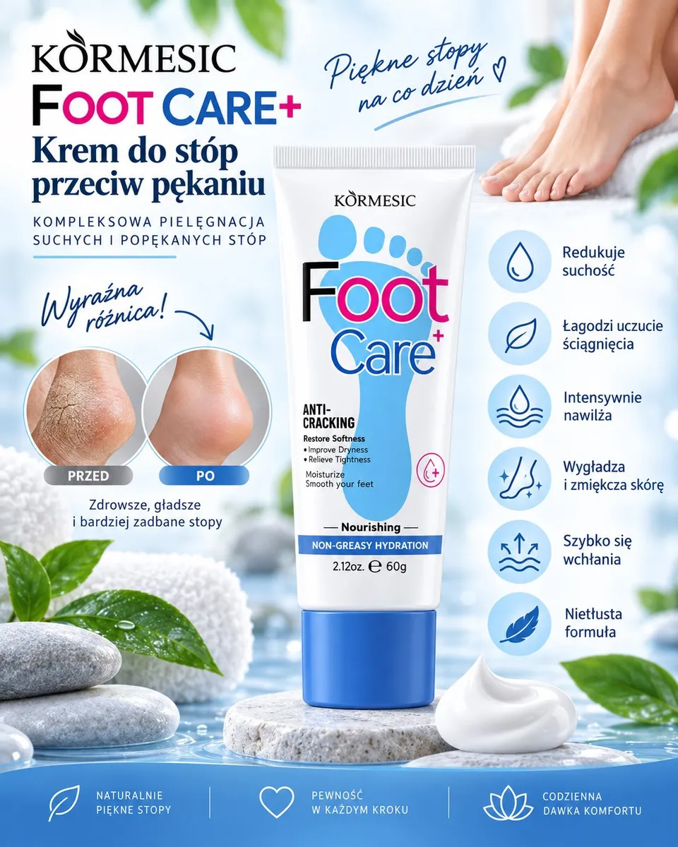 Tubka kremu KORMESIC Foot Care+ do stóp przeciw pękaniu 60 g na kamieniu z kremową konsystencją