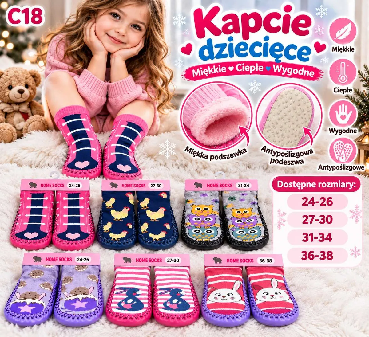 dziecięce kapcie w różnych wzorach i kolorach z miękką podszewką i antypoślizgową podeszwą