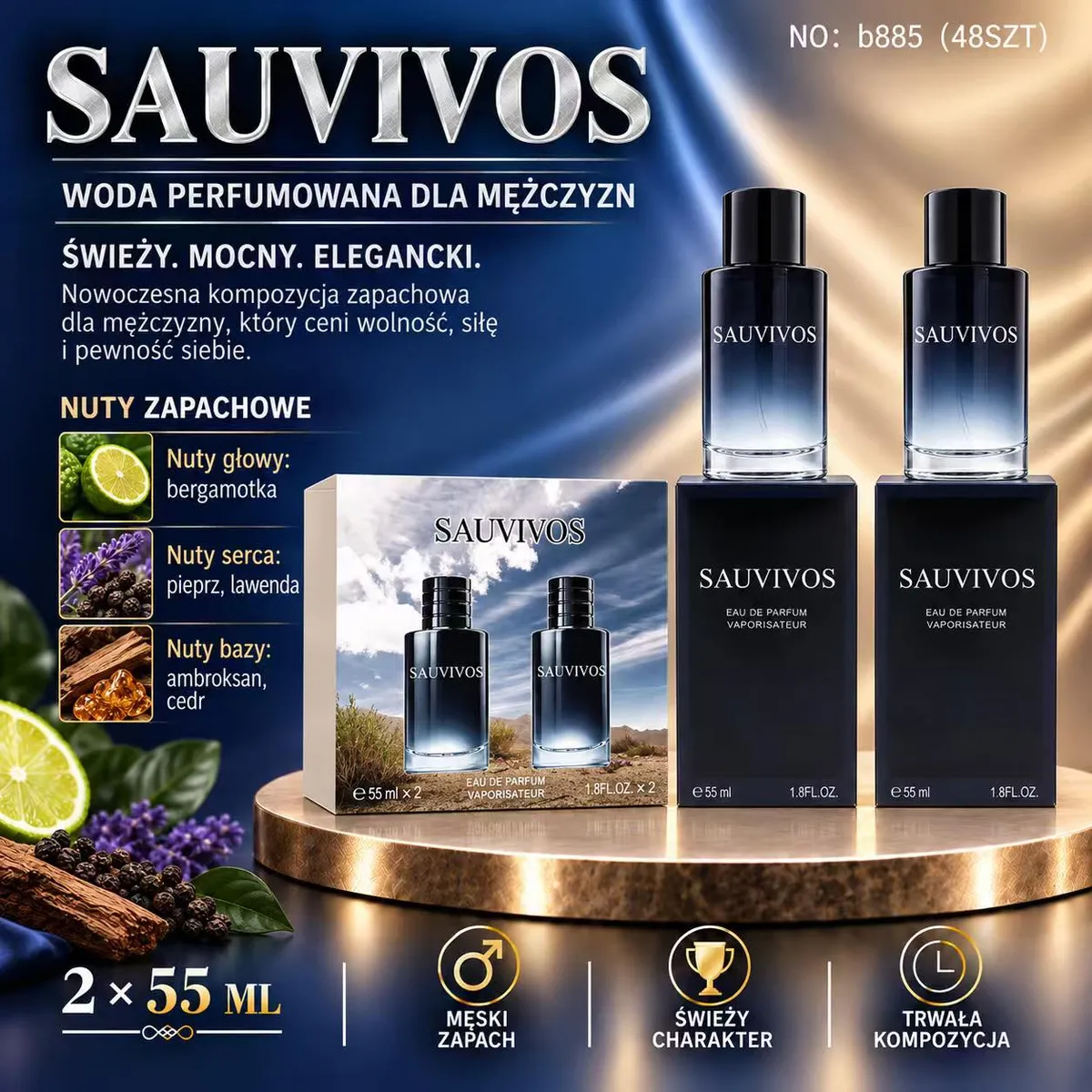 Zestaw dwóch butelek perfum Sauvivos 55 ml z granatowo-czarnym gradientem i opakowaniem