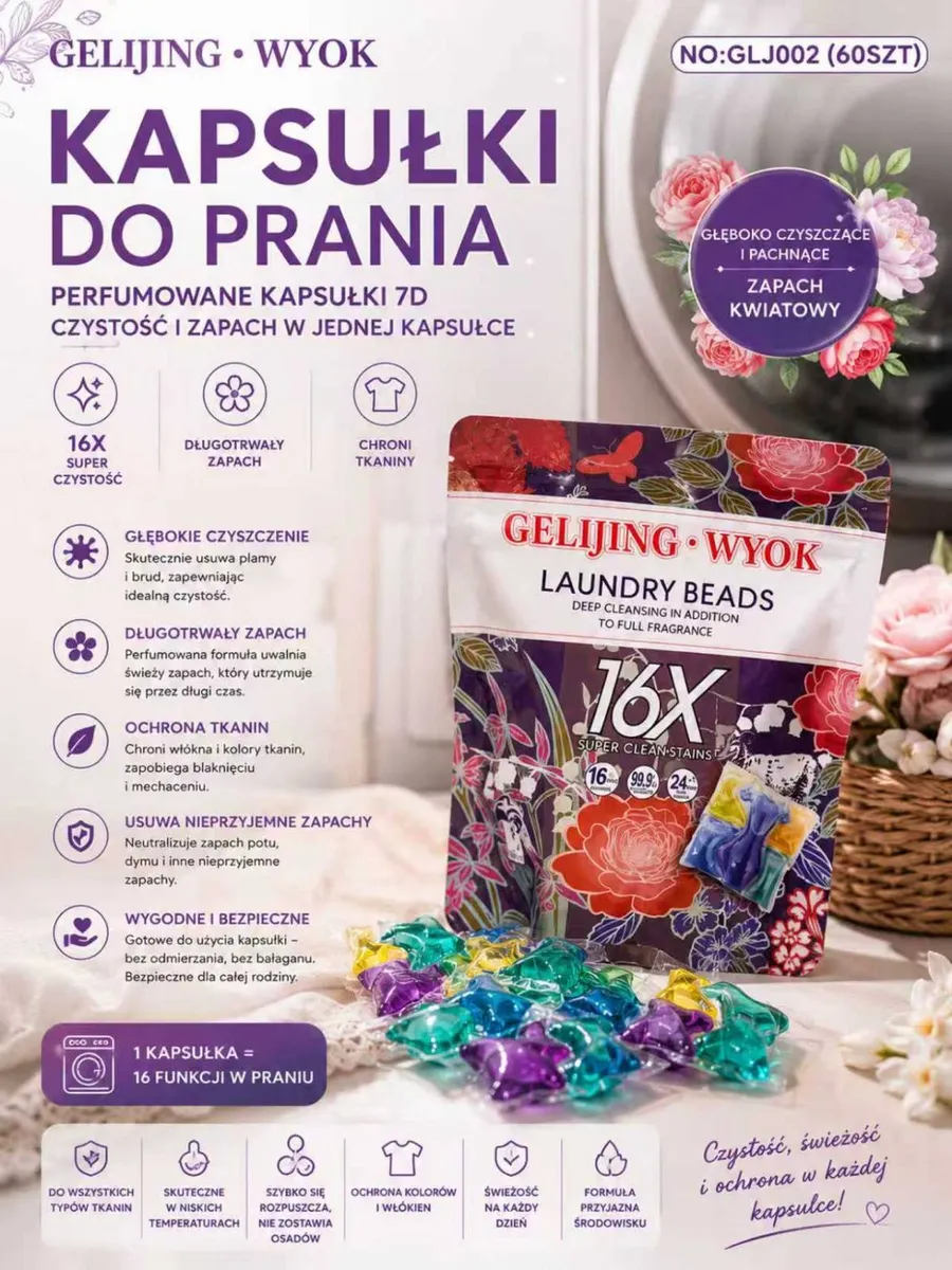Kolorowe kapsułki do prania w opakowaniu z kwiatowym wzorem i informacjami o właściwościach produktu
