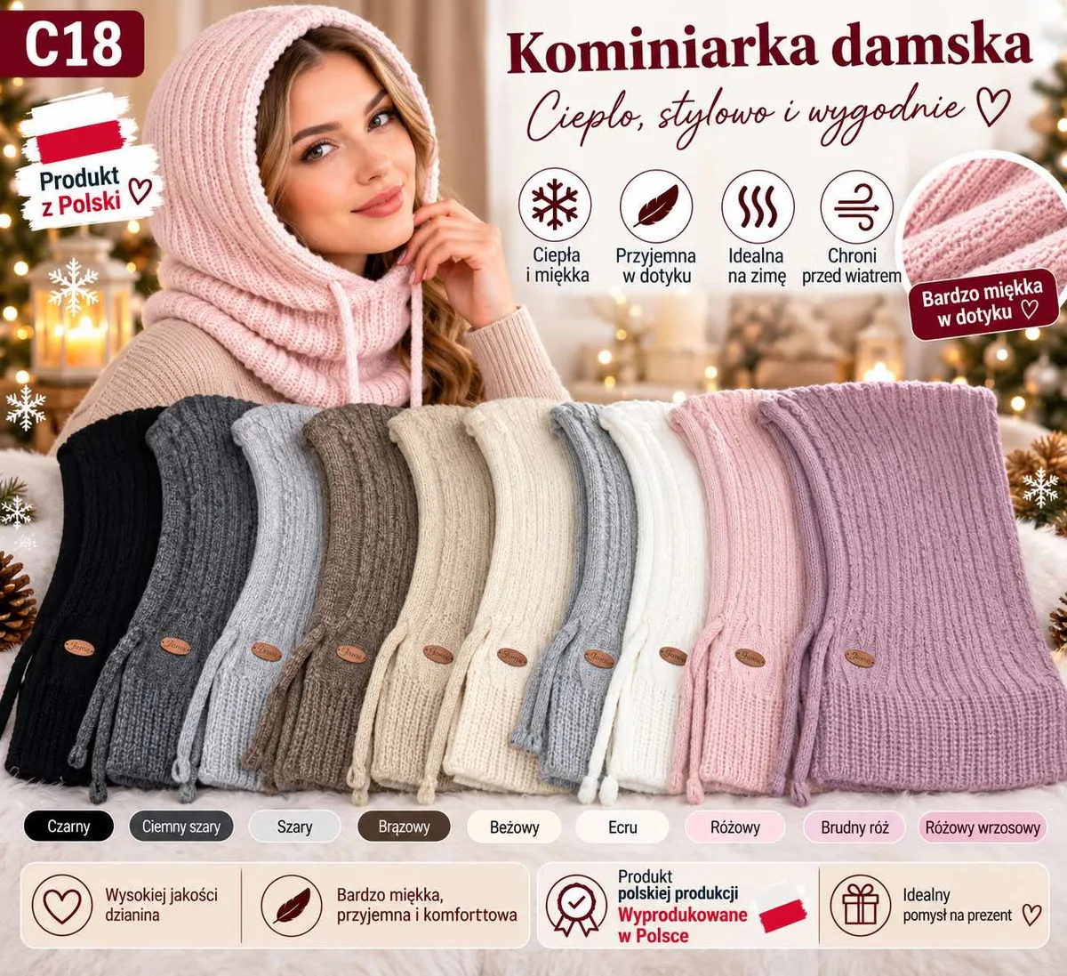 kominiarki damskie w różnych kolorach z miękkiej dzianiny, modelka w różowej kominiarce