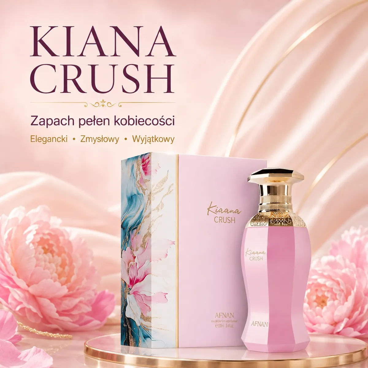 Butelka różowych perfum Kiana Crush z złotym korkiem i ozdobne pudełko z kwiatowym wzorem