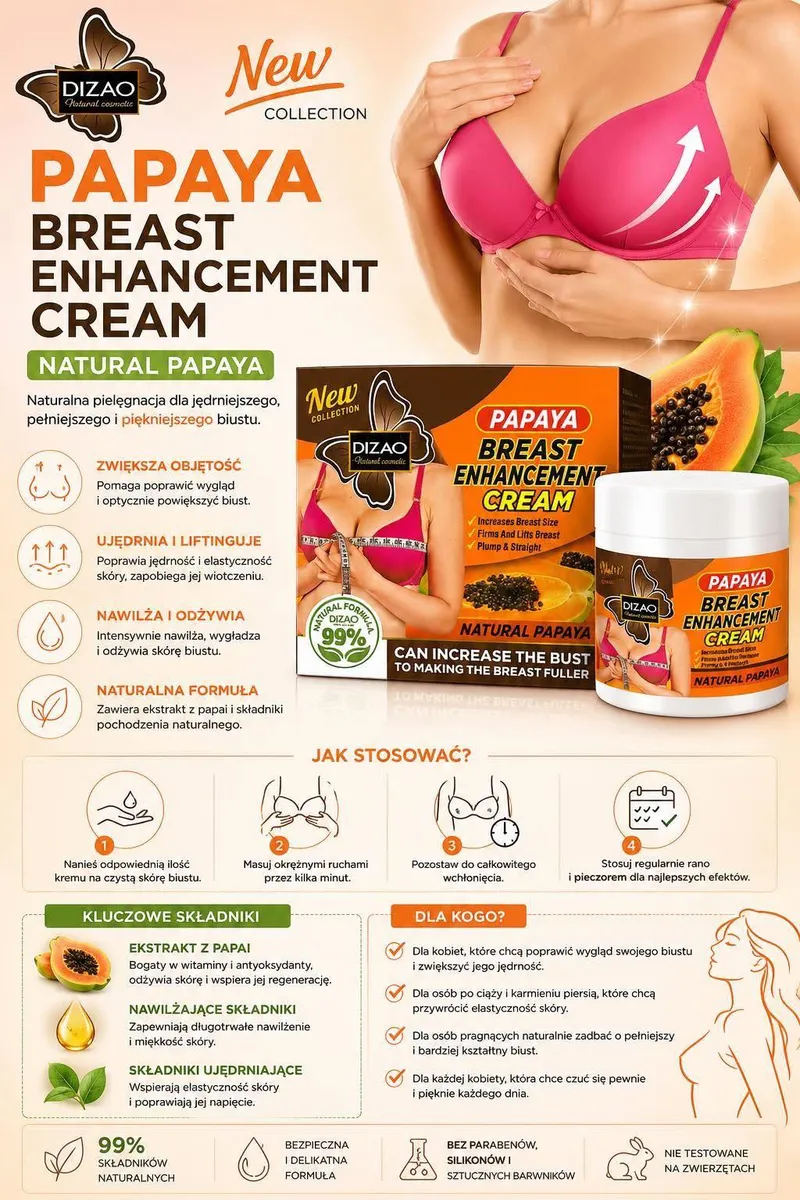 Opakowanie kremu Dizao Papaya Breast Enhancement Cream z naturalnym ekstraktem papai i instrukcją stosowania