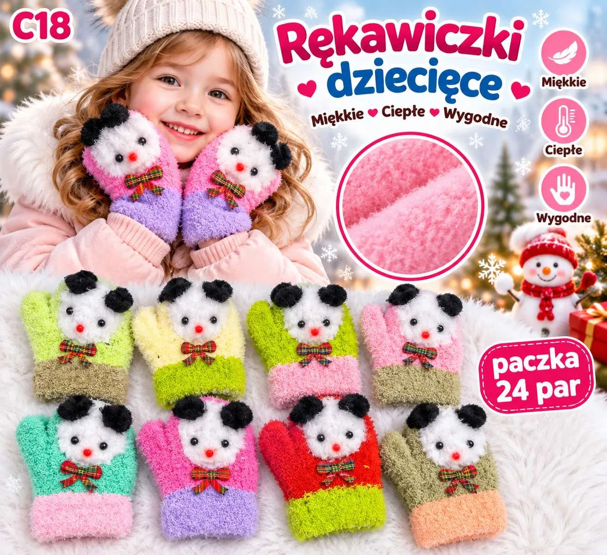 Kolorowe miękkie rękawiczki dziecięce z motywem misia, różne kolory, 24 pary w opakowaniu