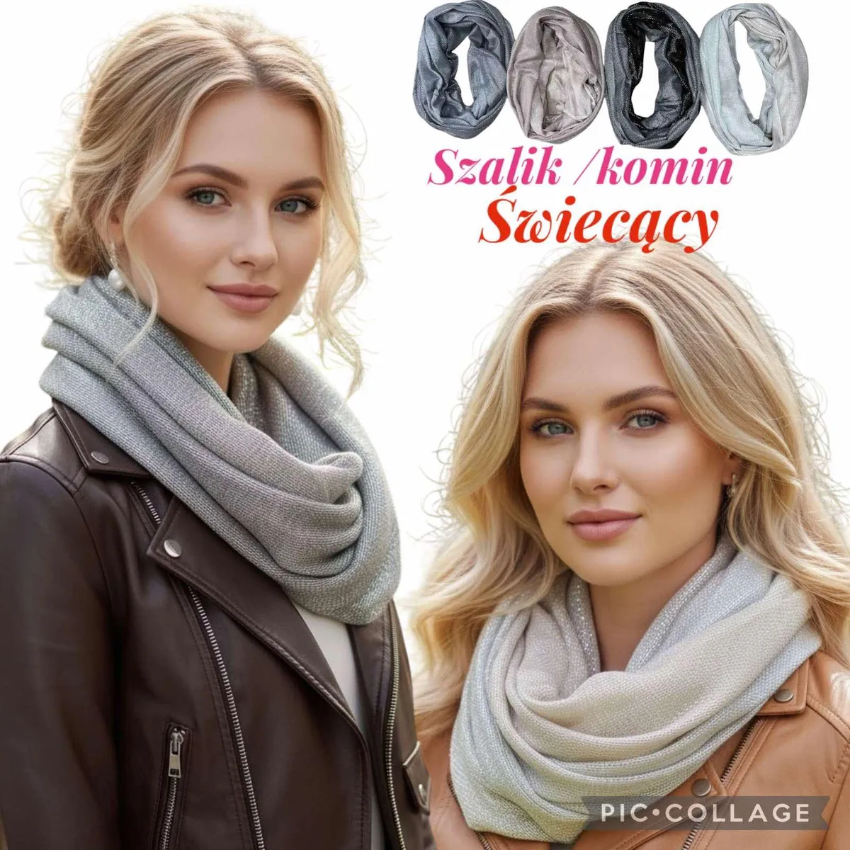 Damski świecący szalik komin w czterech kolorach: jasnoszary, beżowy, grafitowy i czarny z połyskiem