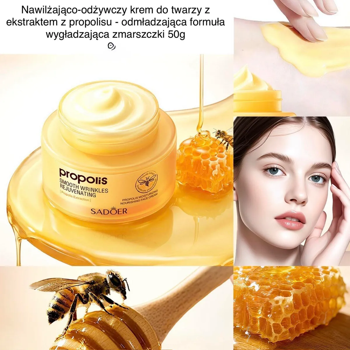 Żółty krem do twarzy Sadoer Propolis w słoiczku, miód, plastry miodu i kobieta z gładką skórą