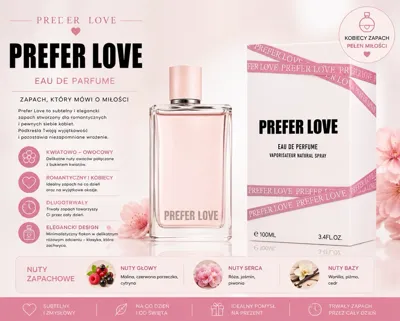 Perfumy Prefer Love 100ml w różowym flakonie z eleganckim opakowaniem i opisem nut zapachowych