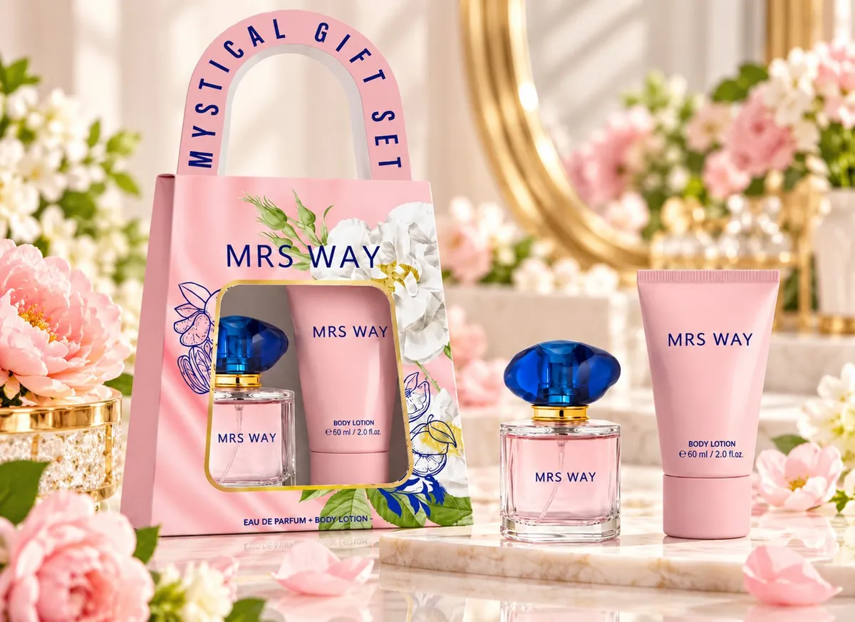Zestaw prezentowy Mrs Way z perfumami 30ml i różowym balsamem do ciała 60ml w kartonowym opakowaniu z kwiatami
