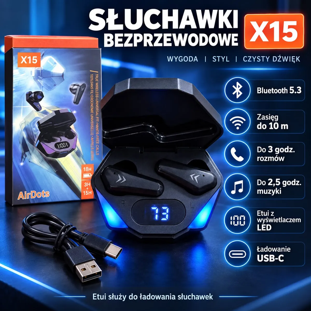 Czarne bezprzewodowe słuchawki Bluetooth X15 w otwartym etui z wyświetlaczem LED i kablem USB-C