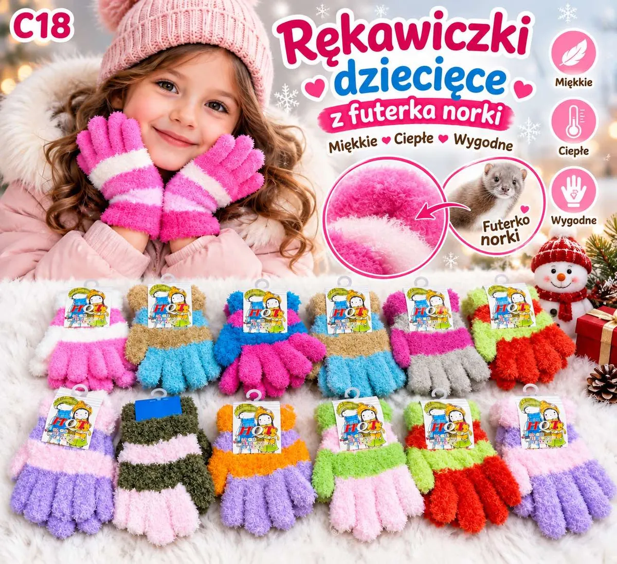 Rękawiczki dziecięce z futerka norki w różnych kolorach na białym tle z dziewczynką w różowej czapce