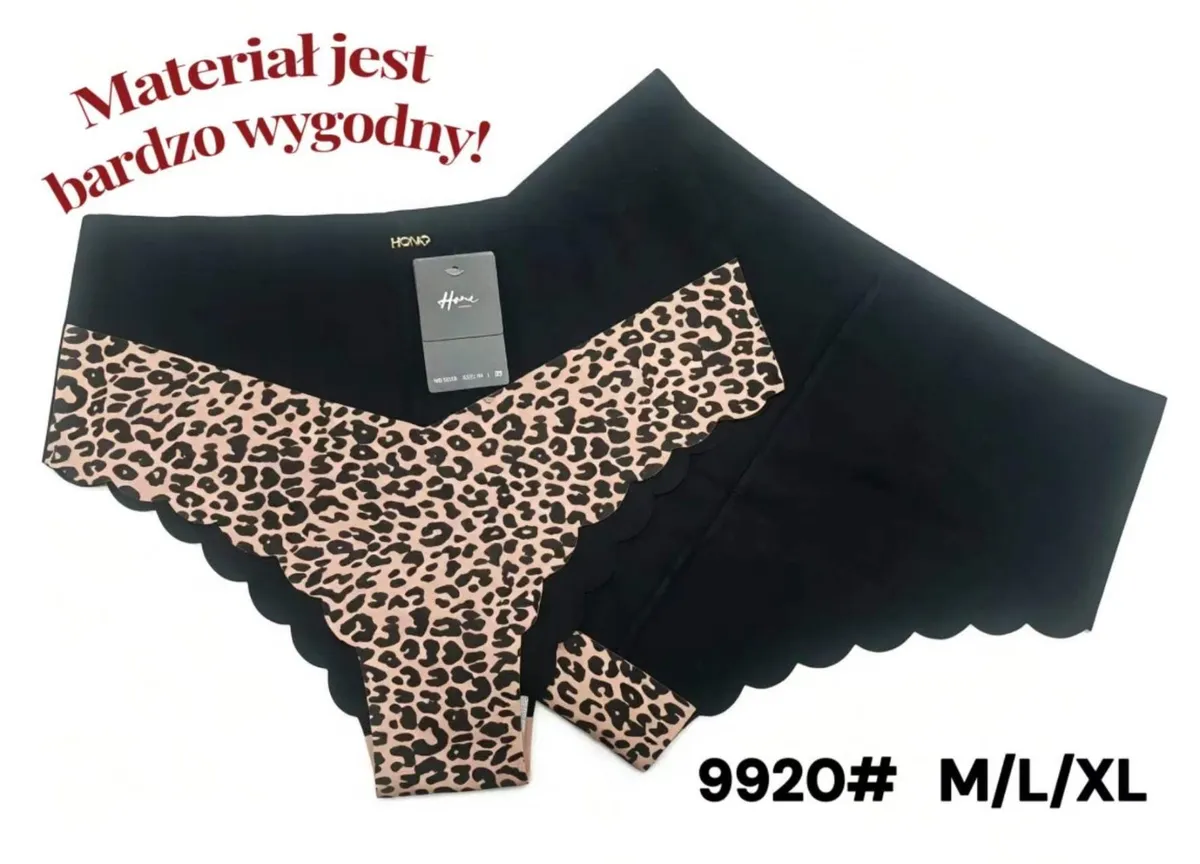 dwa bezszwowe majtki damskie, czarne i panterka, rozmiary M L XL