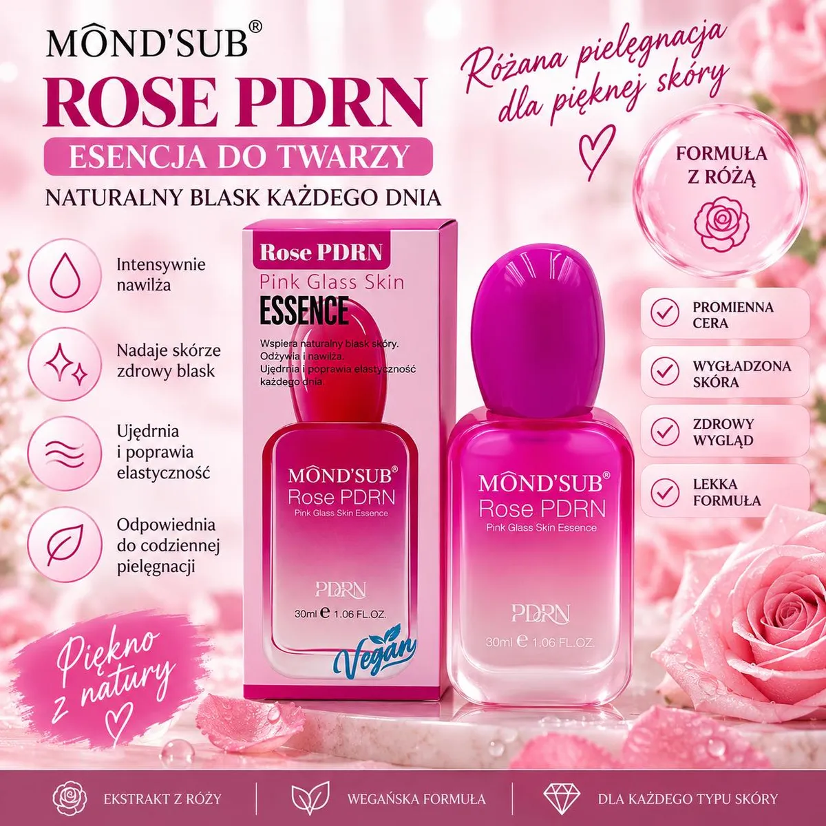 Butelka esencji do twarzy Rose PDRN w różowym opakowaniu z ekstraktem z róży i różowymi kwiatami w tle