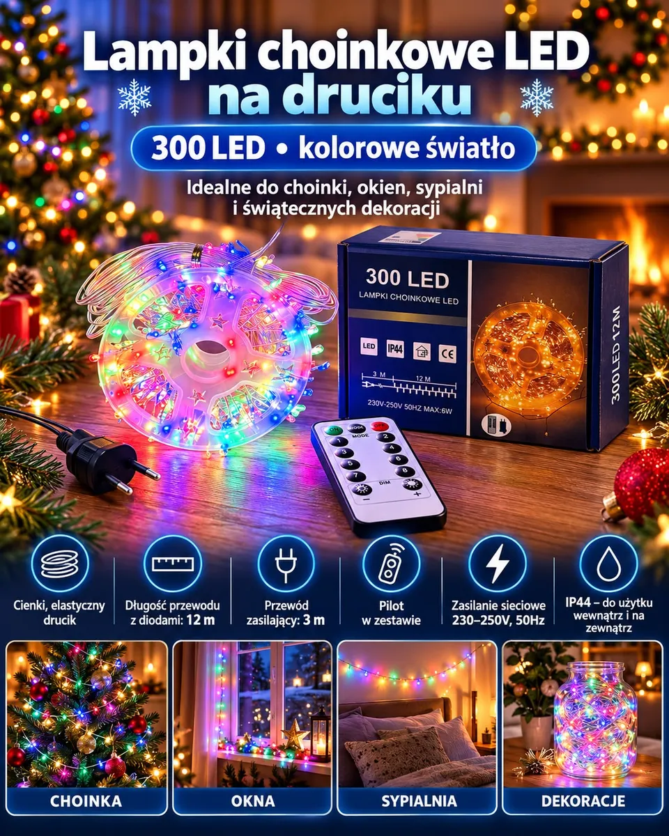 Kolorowe lampki choinkowe LED na cienkim druciku z pilotem i opakowaniem na drewnianym stole