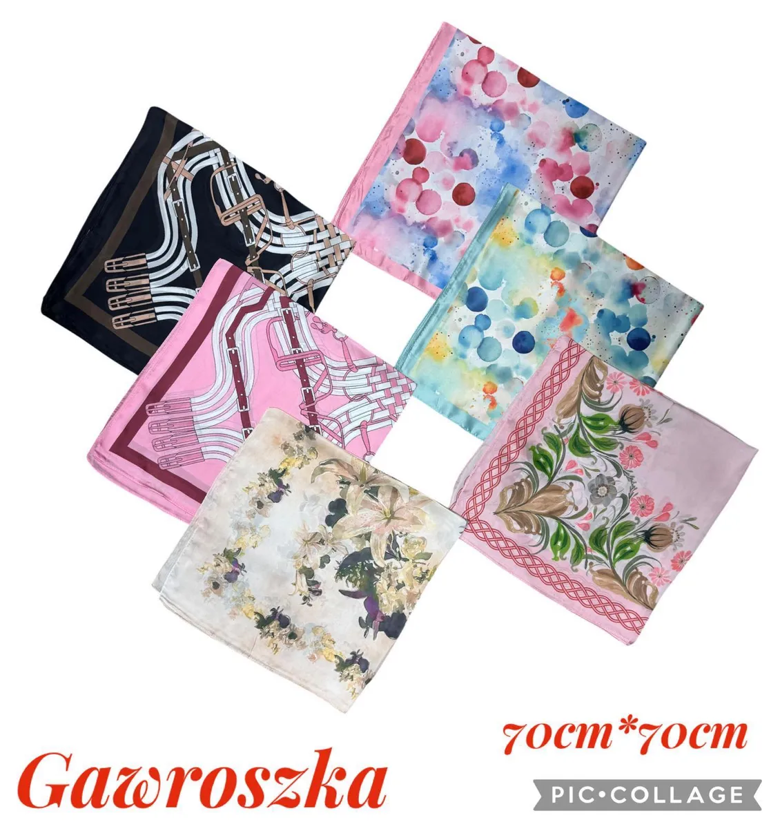 Zestaw sześciu kolorowych gawroszek damskich o wymiarach 70x70 cm z różnorodnymi wzorami