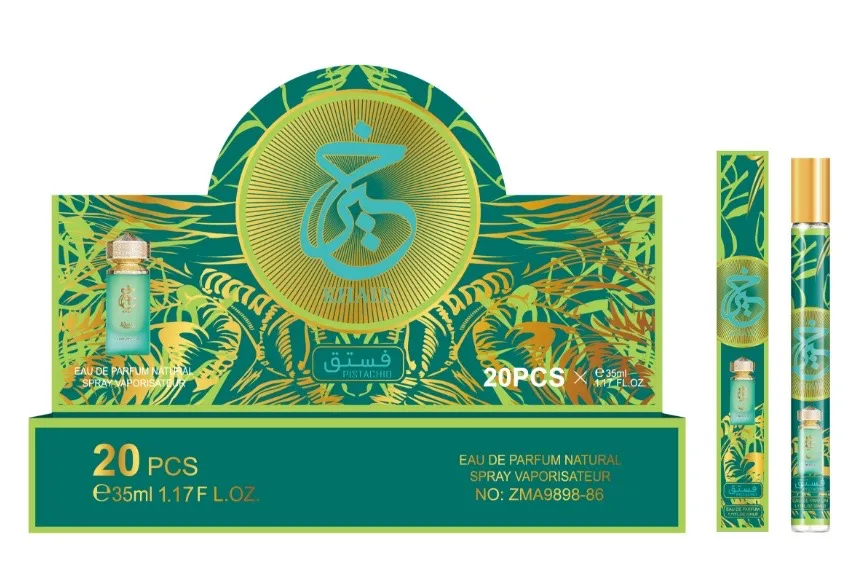 Perfumy Pistachio 35ml w zielono-złotym opakowaniu z motywem roślinnym, butelka ze złotą nakrętką