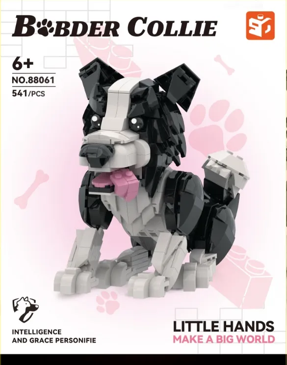 Model psa Border Collie z klocków czarno-biały z różowym językiem na białym tle