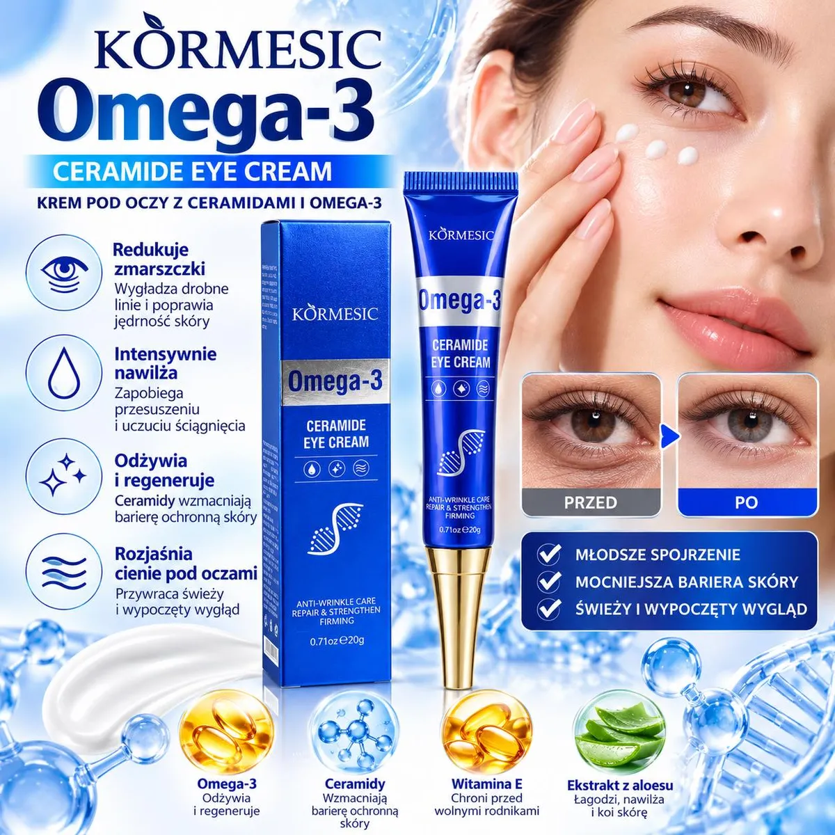 Granatowa tubka kremu pod oczy KORMESIC Omega-3 Ceramide Eye Cream 20g z metalicznym połyskiem i złotym aplikatorem obok opak
