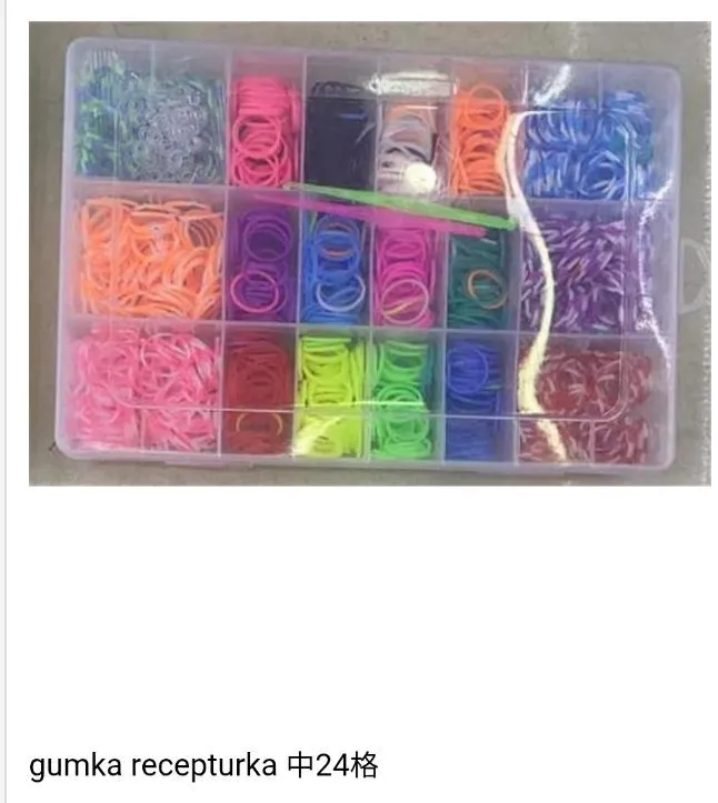 plastikowe pudełko z 24 przegródkami wypełnione kolorowymi gumkami recepturkami