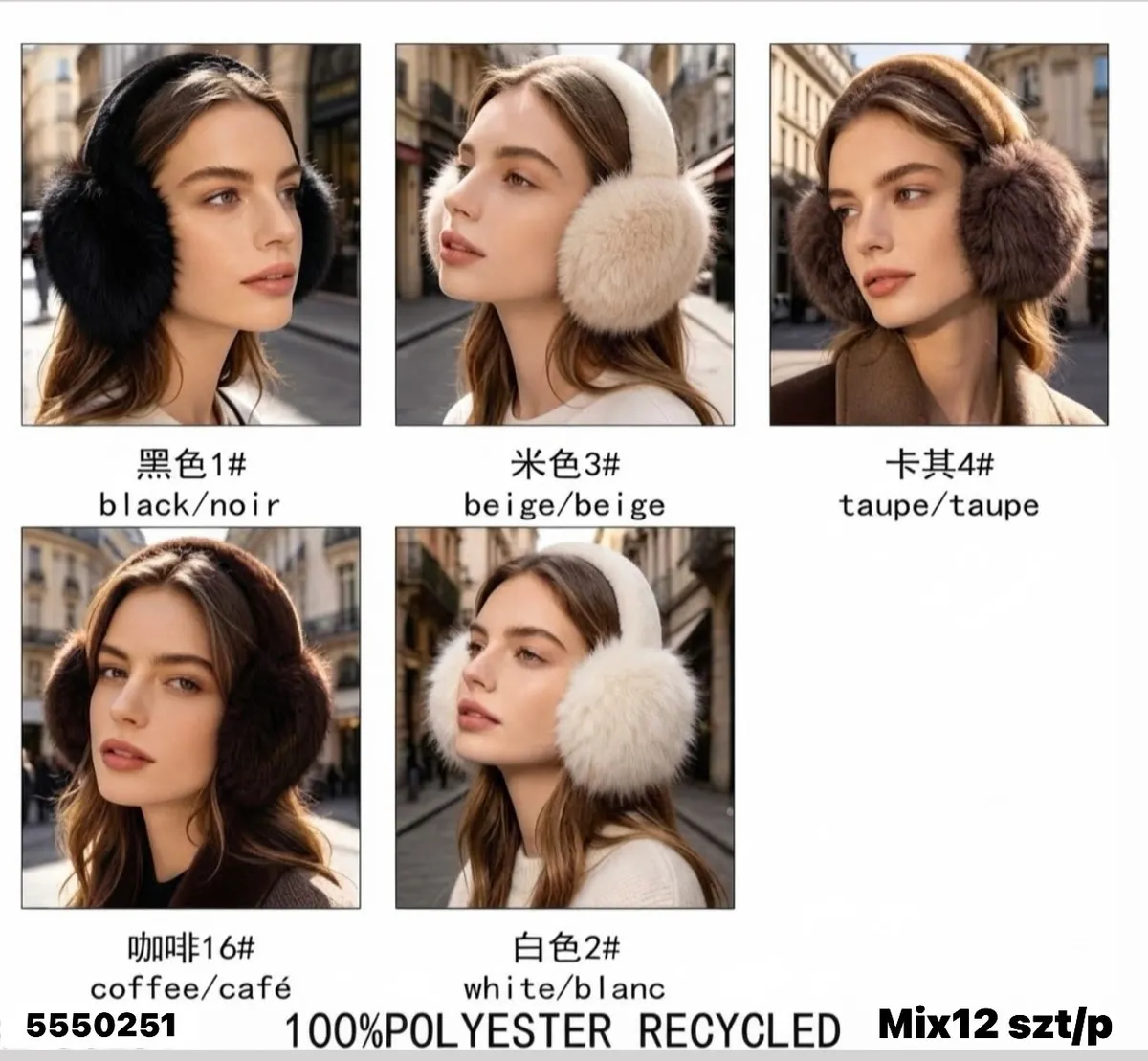 Pięć modeli ocieplaczy na uszy w kolorach czarnym, beżowym, taupe, kawowym i białym na modelkach
