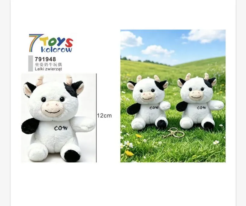Pluszowa maskotka krowa biała z czarnymi łatami, wysokość 12 cm, haft COW