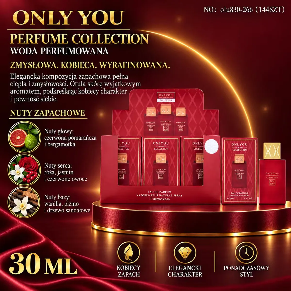 Czerwony flakon wody perfumowanej Only You 30 ml z złotą nakrętką i opakowaniem zbiorczym 12 sztuk