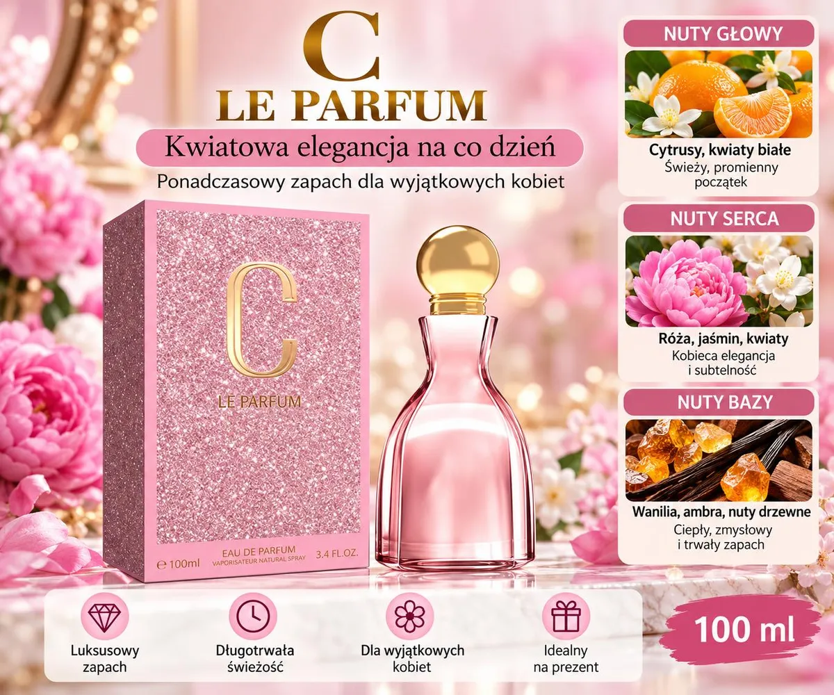 Perfumy C Le Parfum 100ml w różowej butelce ze złotą nakrętką i brokatowym różowym opakowaniem