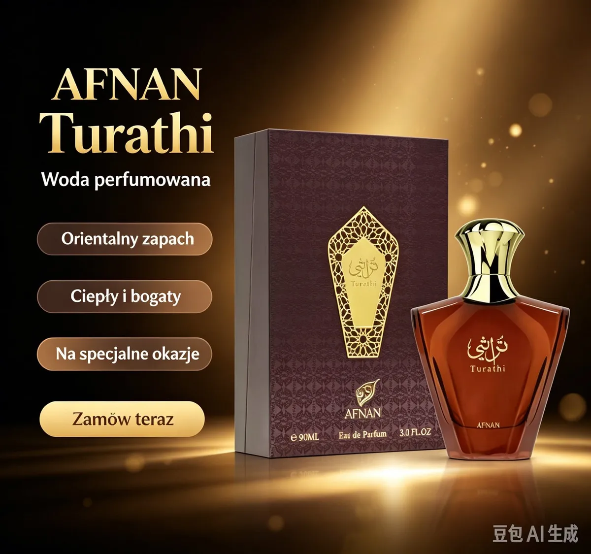 Butelka wody perfumowanej Afnan Turathi 90 ml z bursztynowym płynem i złotą zakrętką obok brązowego pudełka z złotym wzorem