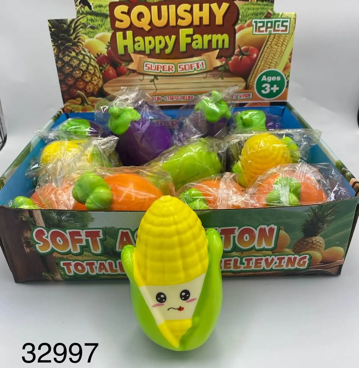 Miękka zabawka squishy w kształcie kukurydzy z żółtym kolbem i zielonymi liśćmi, opakowanie z 12 sztukami
