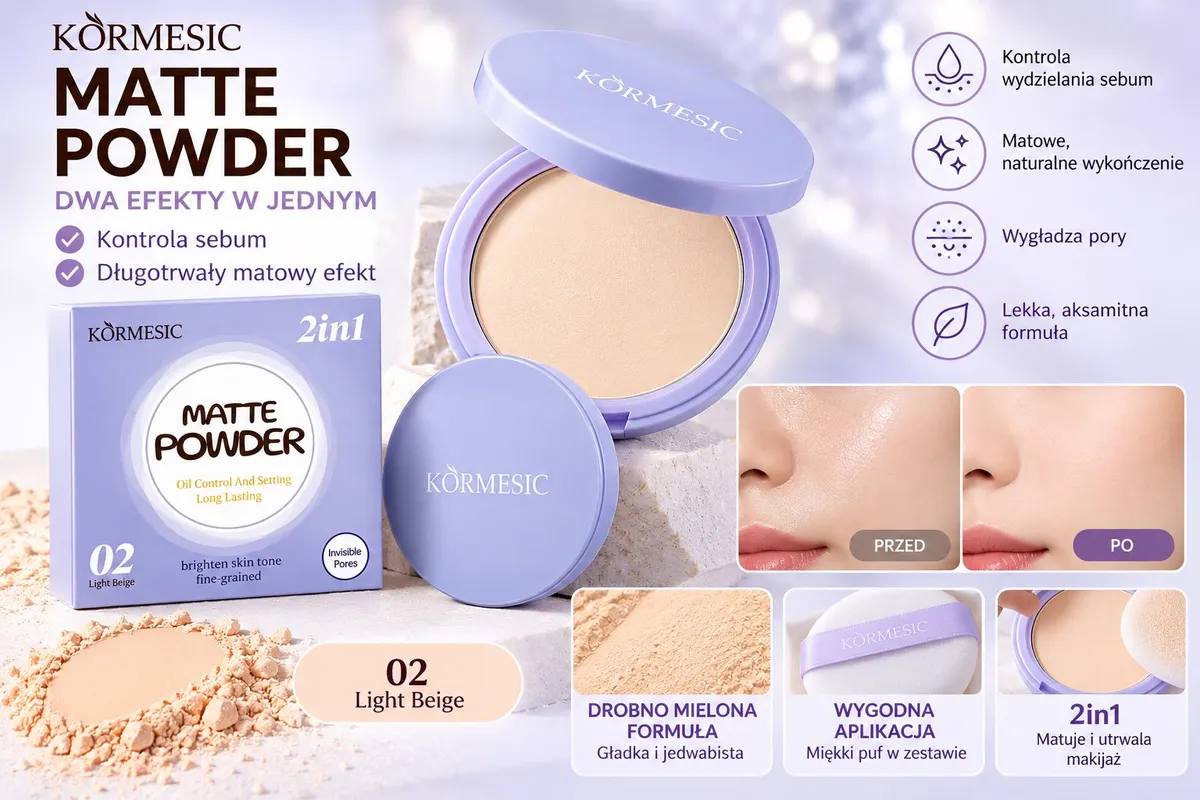 jasnofioletowe opakowanie i puder matujący KORMESIC 2in1 w odcieniu Light Beige z puszkiem