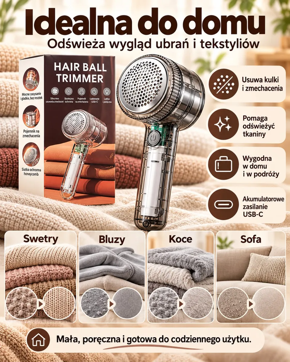 Golarka do ubrań z przezroczystą obudową i srebrną siatką ochronną na tle tekstyliów