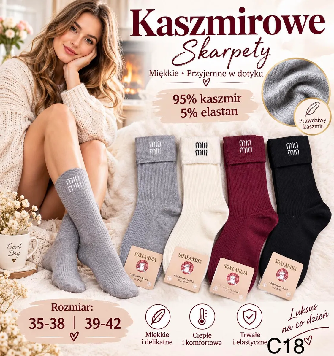 cztery pary skarpet kaszmirowych Soxlandia w kolorach szarym, kremowym, bordowym i czarnym