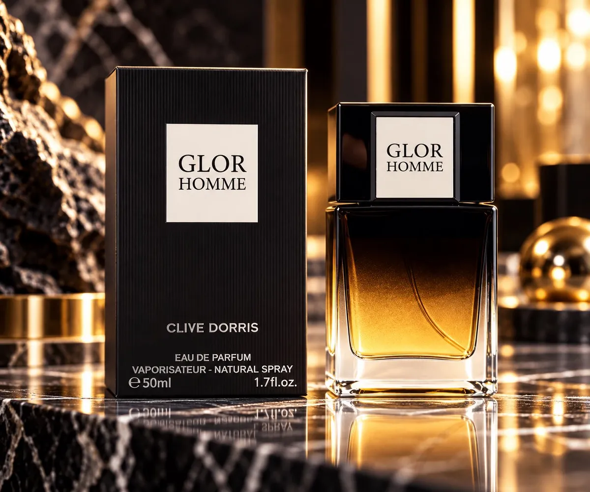 Perfumy GLOR HOMME Clive Dorris 50ml w czarnym pudełku i szklanym flakonie z gradientem złoto-brązowym