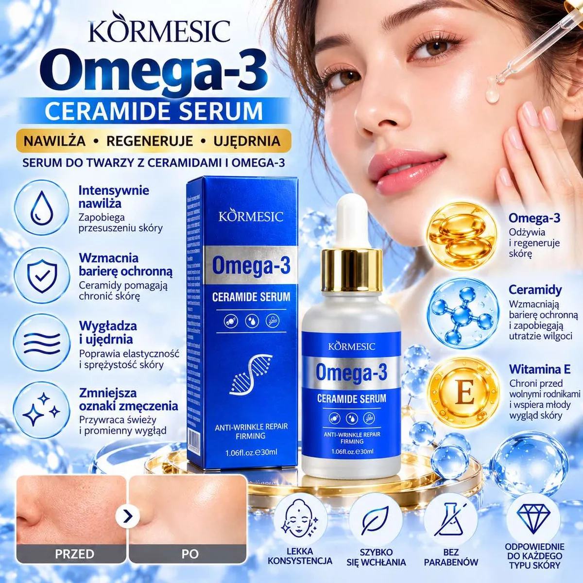 Serum do twarzy KORMESIC Omega-3 Ceramide w butelce z pipetą i granatowym opakowaniu