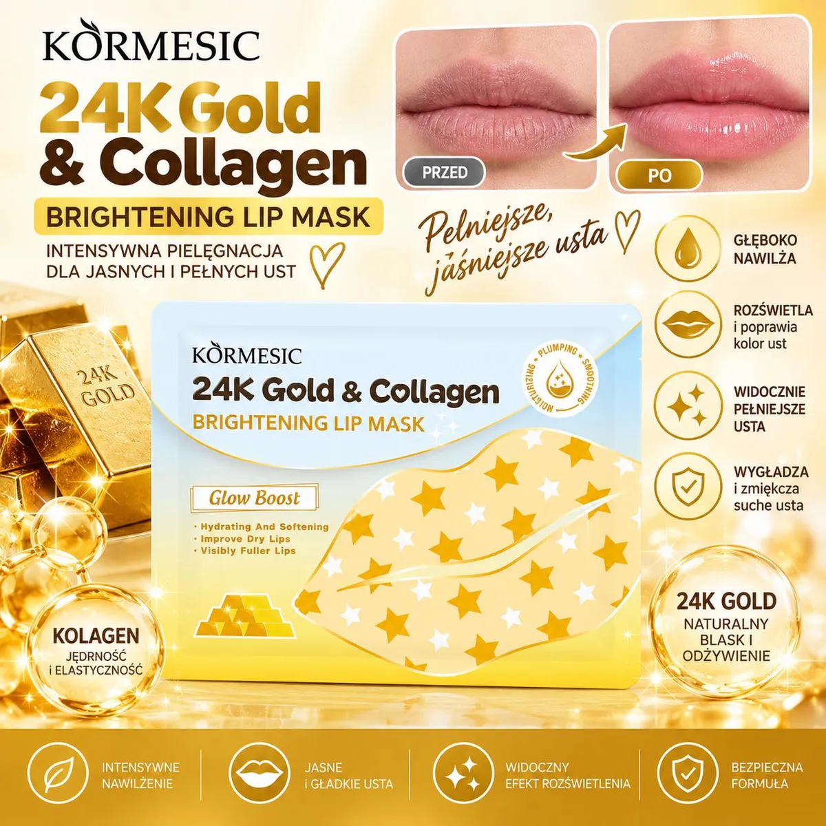 Opakowanie maski do ust KORMESIC 24K Gold & Collagen z motywem złotych gwiazdek i zdjęcia ust przed i po użyciu