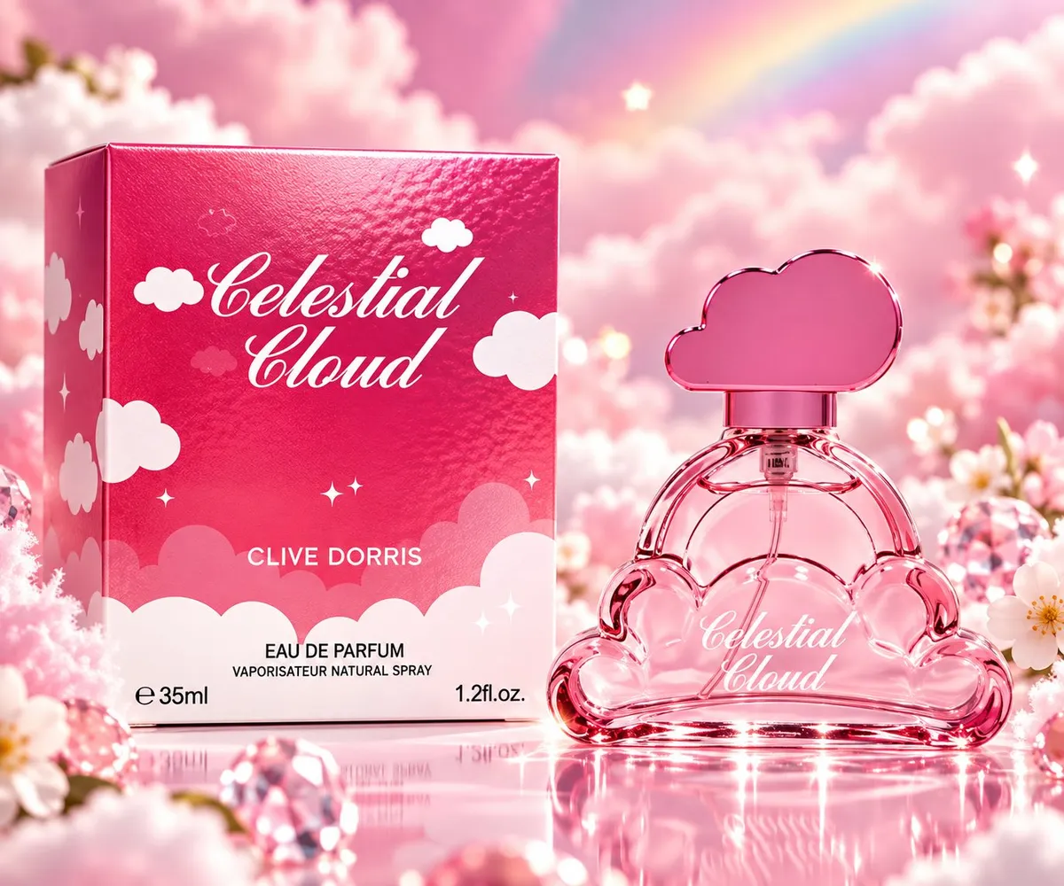 Różowy flakon perfum Celestial Cloud w kształcie chmurki obok różowego kartonu z białymi chmurkami