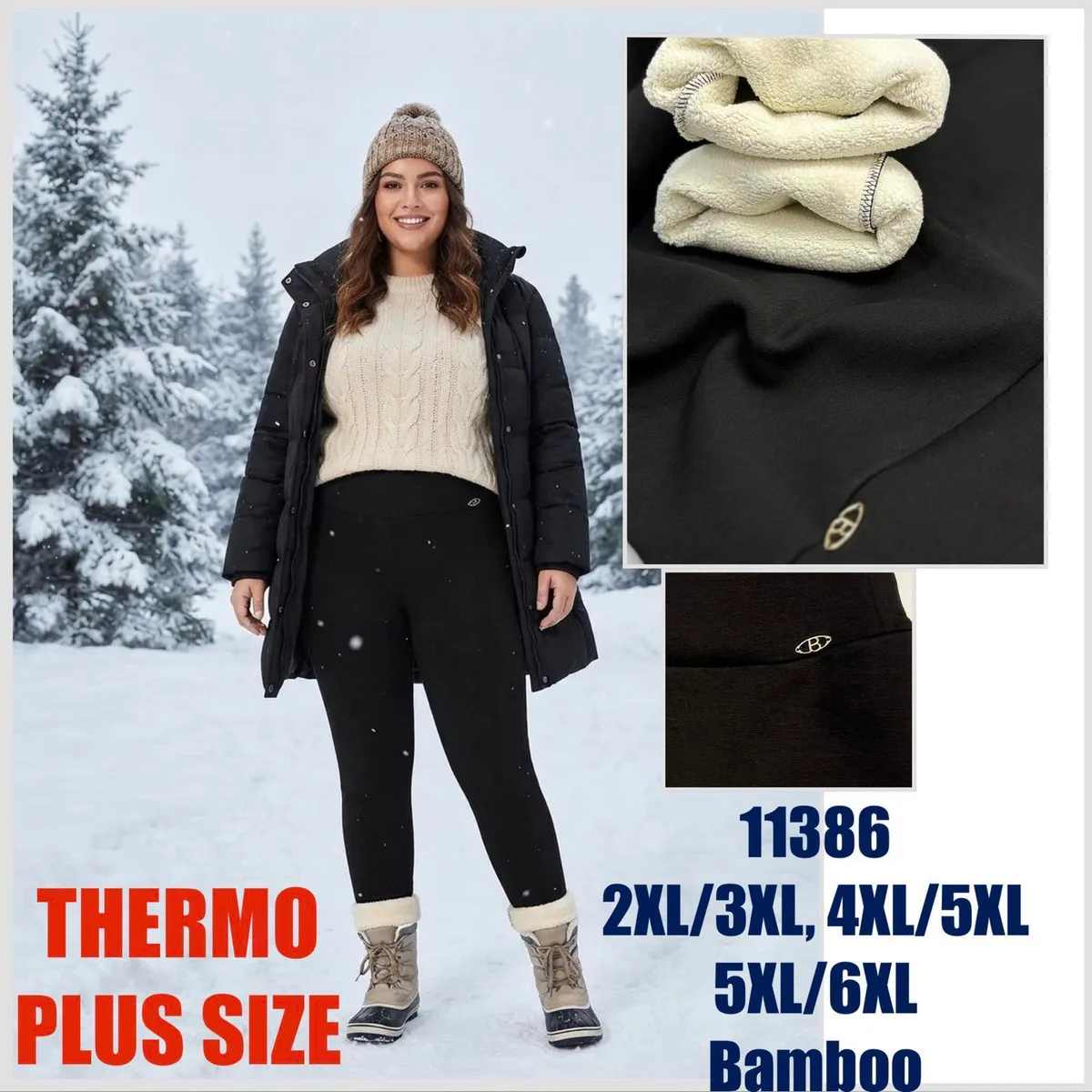 Czarne legginsy damskie plus size z ocieplającą kremową podszewką polarową