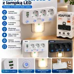 Adapter do gniazdka 3×230V z USB-A, USB-C i lampką LED biały lub czarny