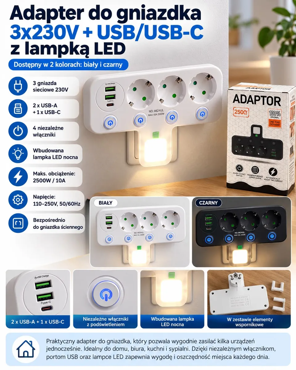 Adapter do gniazdka biały i czarny z 3 gniazdami 230V, 2 USB-A, 1 USB-C, lampką LED i włącznikami