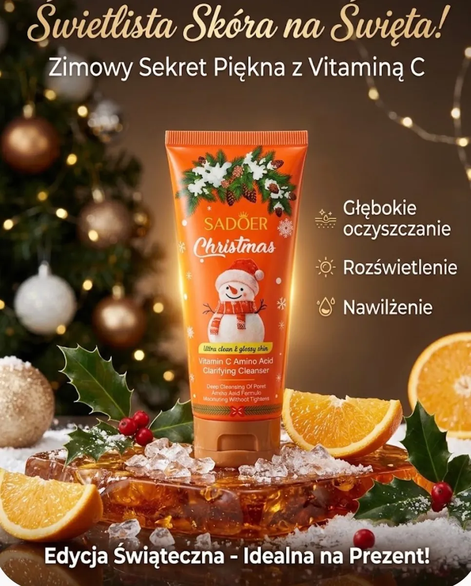 Pomarańczowa tubka pianki do mycia twarzy SADOER Christmas z bałwankiem i świątecznym motywem