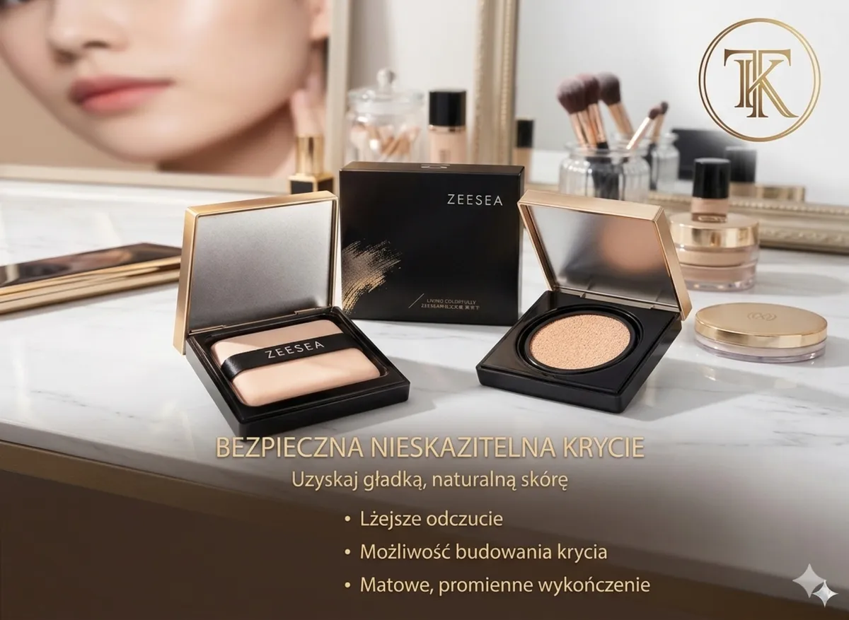 Puder prasowany Zeesea w czarnym opakowaniu z złotymi detalami, gąbka do aplikacji i lusterko