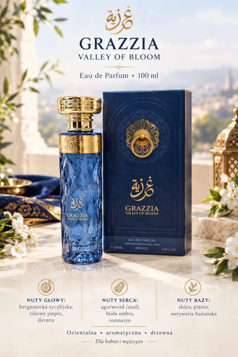 Butelka granatowych perfum GRAZZIA Valley of Bloom 100 ml z złotym korkiem i granatowe pudełko