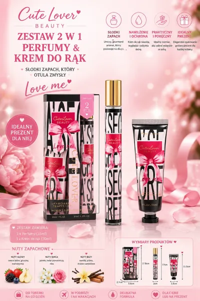 Zestaw perfum Cute Lover 7ml i krem do rąk 30ml z różowym motywem kokardki na opakowaniach