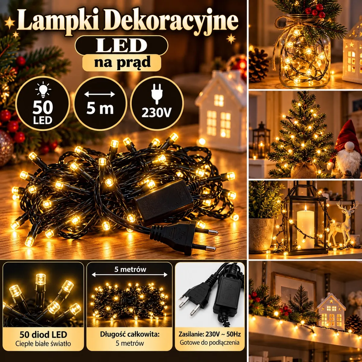 Lampki dekoracyjne LED 50 diod na czarnym przewodzie świecące ciepłym białym światłem w aranżacji świątecznej