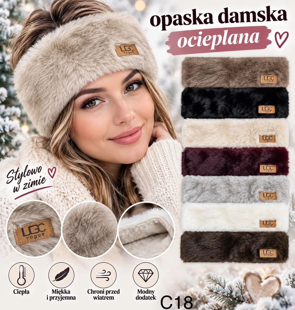 Damska ocieplana opaska z miękkiego futerka w różnych kolorach z logo LGC vogue