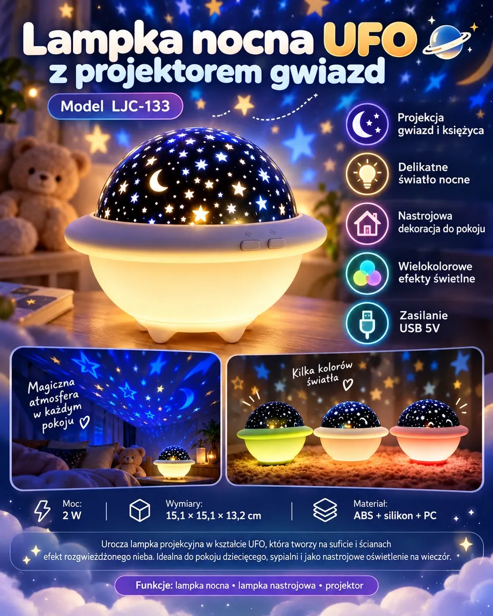 Lampka nocna UFO z czarną kopułą z gwiazdami i księżycem, podstawa w trzech kolorach, projekcja gwiazd na ścianie