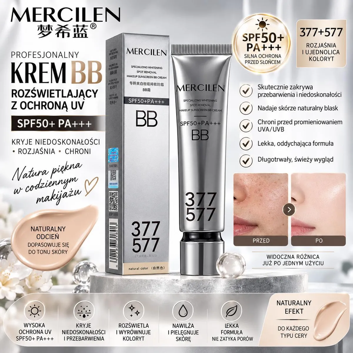 Srebrna tubka kremu BB Mercilen z opakowaniem i opisem działania SPF50+ PA+++